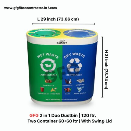 FRP duo dustbin, perfect for indoor and outdoor waste management Duo recycling bin 60L with color-coded lids for waste segregation